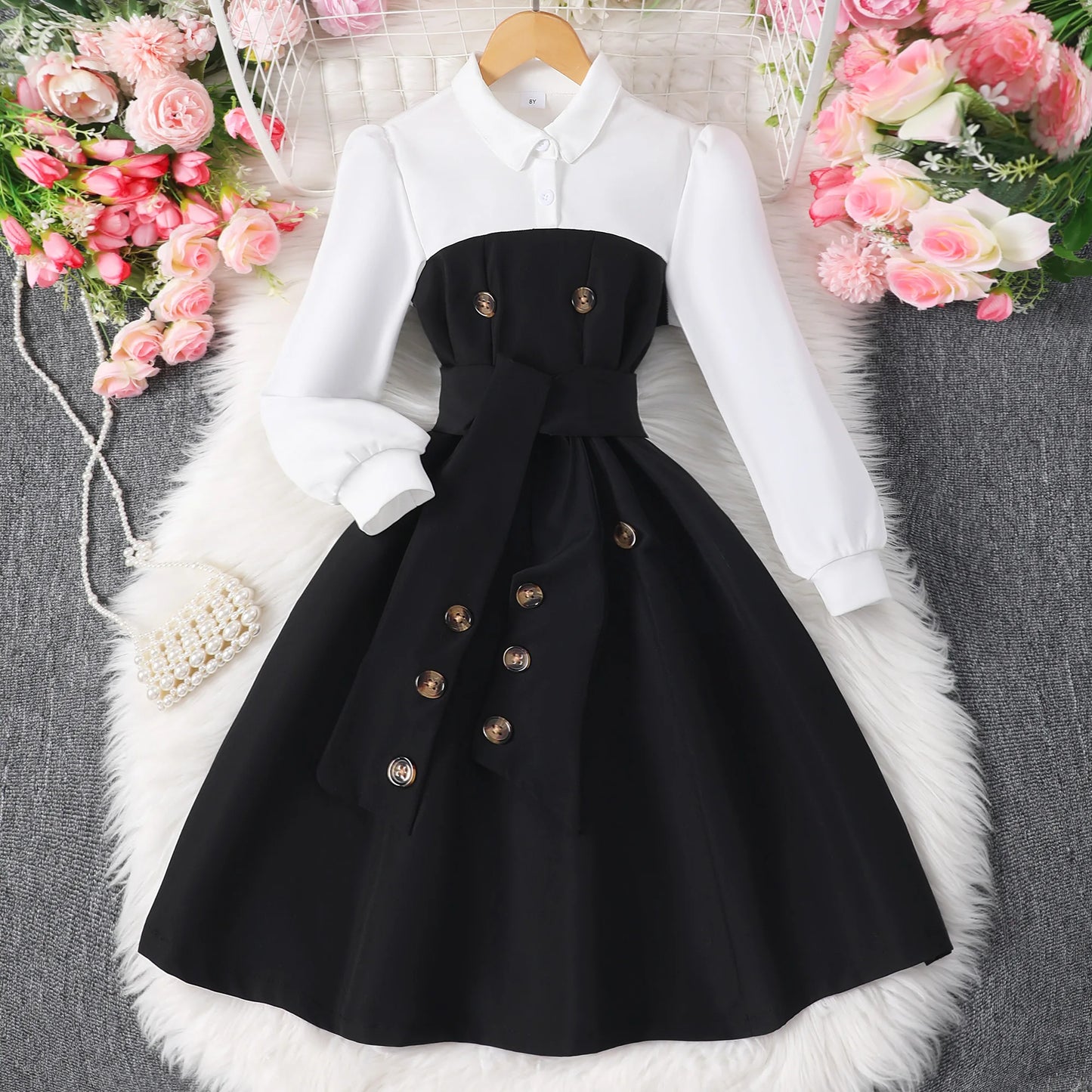 Teen Girls Dress – Long Sleeve Retro Casual Vacation Outfit for Kids (8–12Y)