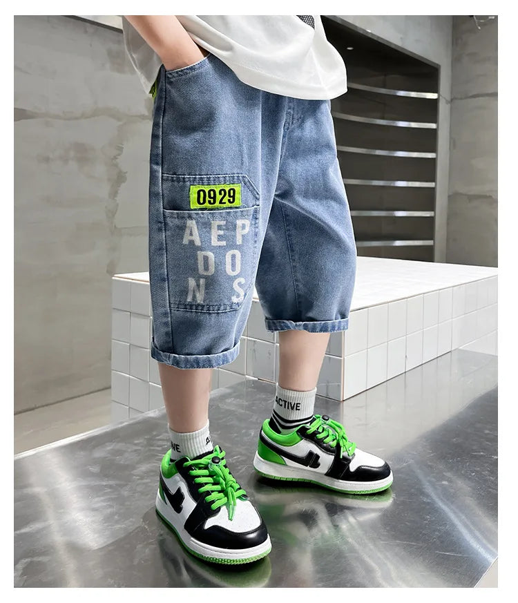Boys’ Summer Denim Shorts – Lightweight Letter-Printed Casual Pants for Kids, Ages 4-10