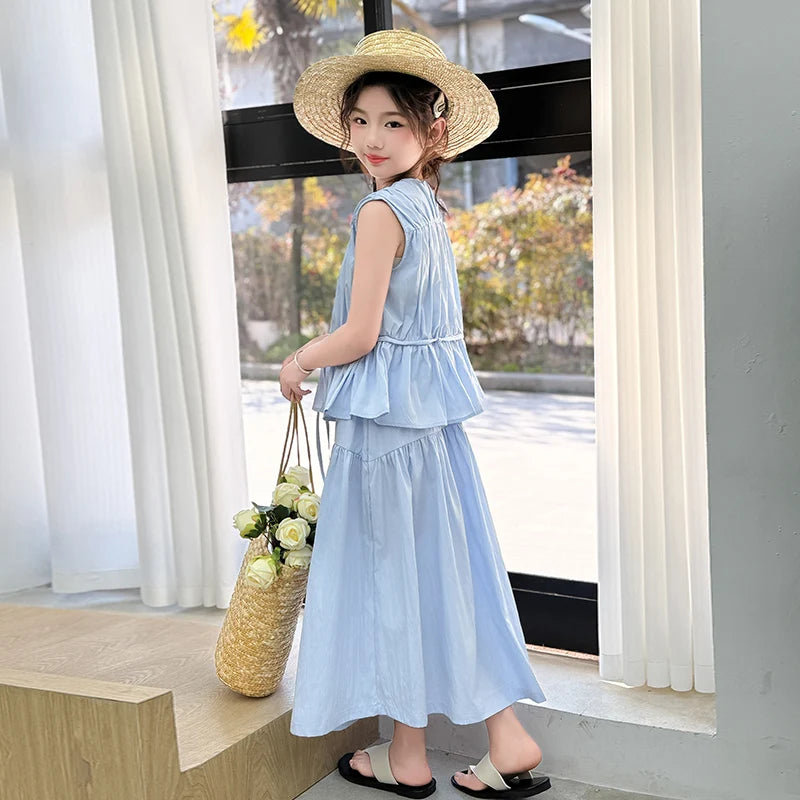 Girls’ Summer Clothing Set – Sleeveless Top & Skirt Suit with Drawstring (Ages 5–14)
