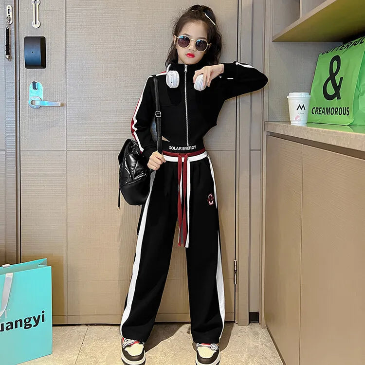 Girls’ Clothing Set – 2-Piece Casual Sportswear, Striped Short Top & Wide-Leg Pants, Elastic Waist, Ages 4–15