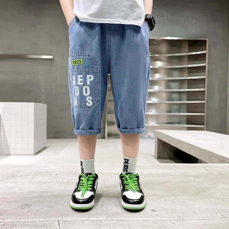Boys’ Summer Denim Shorts – Lightweight Letter-Printed Casual Pants for Kids, Ages 4-10