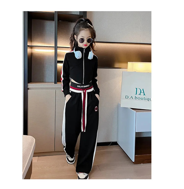 Girls’ Clothing Set – 2-Piece Casual Sportswear, Striped Short Top & Wide-Leg Pants, Elastic Waist, Ages 4–15