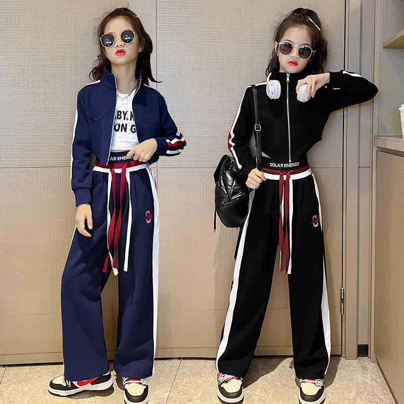 Girls’ Clothing Set – 2-Piece Casual Sportswear, Striped Short Top & Wide-Leg Pants, Elastic Waist, Ages 4–15