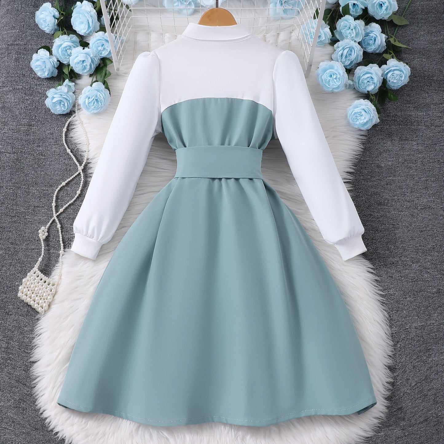 Teen Girls Dress – Long Sleeve Retro Casual Vacation Outfit for Kids (8–12Y)