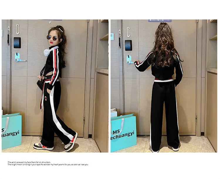 Girls’ Clothing Set – 2-Piece Casual Sportswear, Striped Short Top & Wide-Leg Pants, Elastic Waist, Ages 4–15
