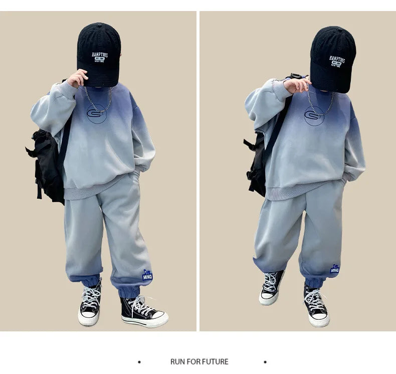 Spring Teen Boys 2-Piece Tracksuit – Gray Tie-Dye Hoodie & Jogger Pants, Sporty Cotton Outfit