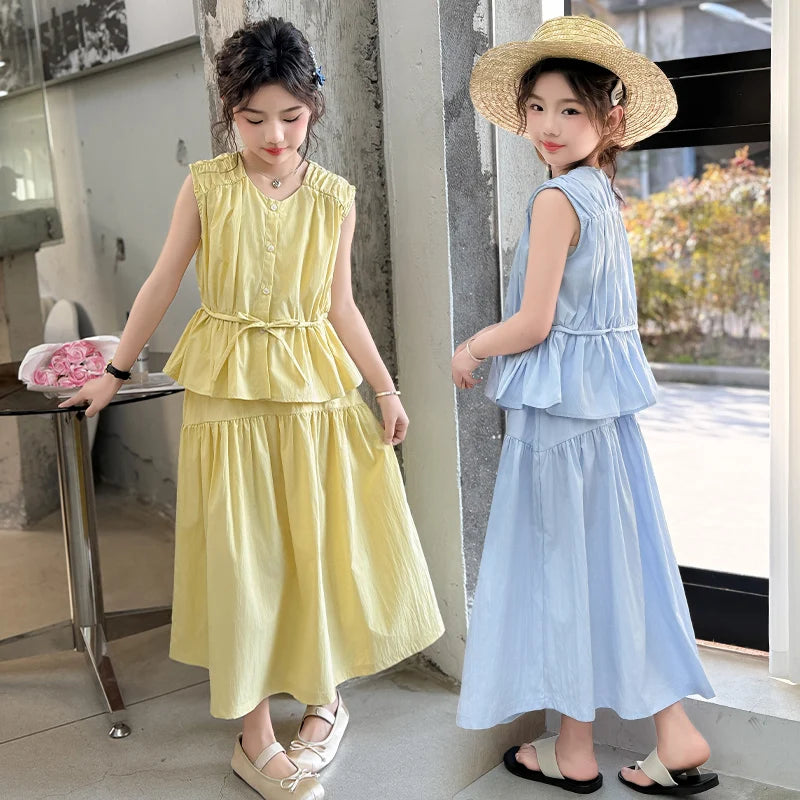 Girls’ Summer Clothing Set – Sleeveless Top & Skirt Suit with Drawstring (Ages 5–14)
