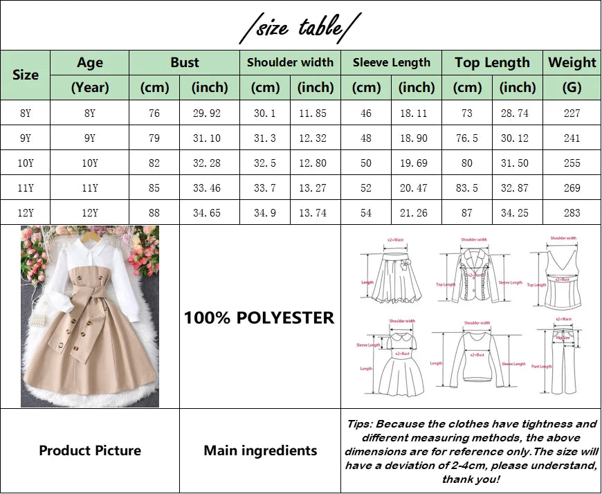 Teen Girls Dress – Long Sleeve Retro Casual Vacation Outfit for Kids (8–12Y)