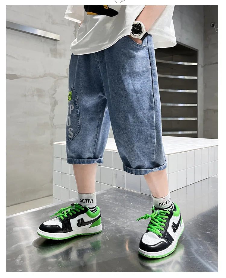 Boys’ Summer Denim Shorts – Lightweight Letter-Printed Casual Pants for Kids, Ages 4-10