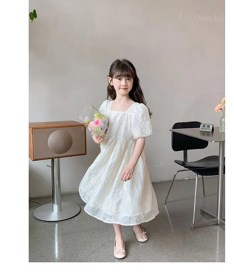 Kids’ White Party Dress – Lace Puff Sleeve Dress for Girls, Wedding & Carnival, Ages 4–10