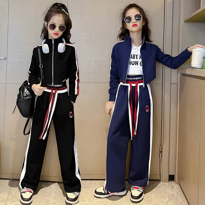 Girls’ Clothing Set – 2-Piece Casual Sportswear, Striped Short Top & Wide-Leg Pants, Elastic Waist, Ages 4–15