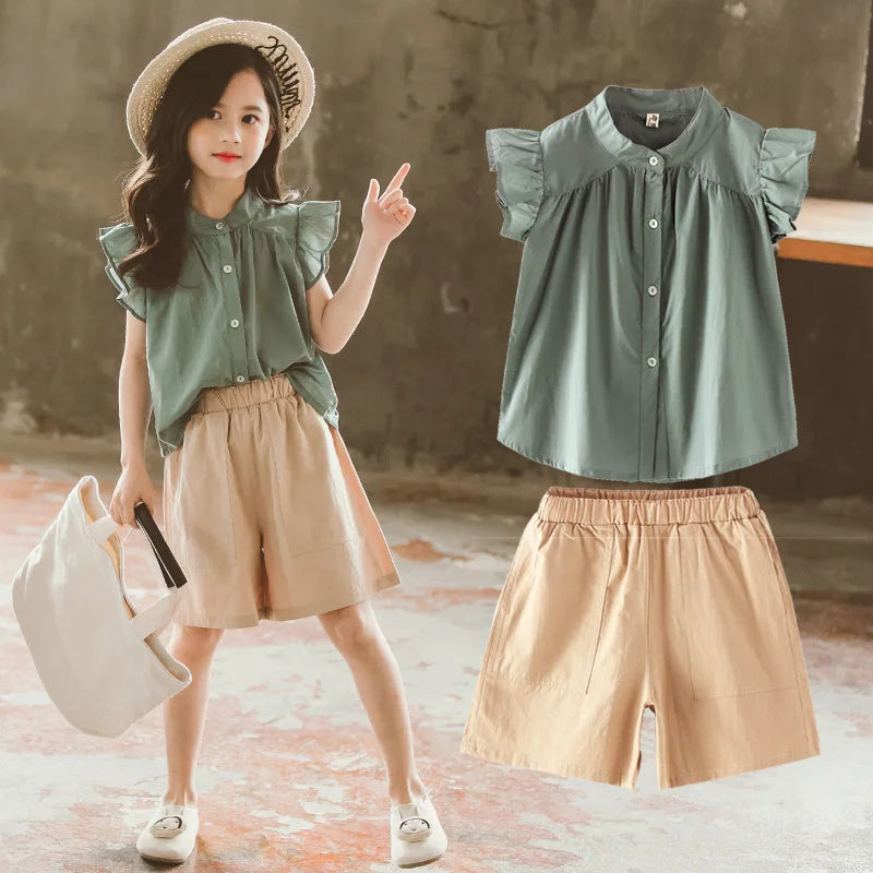 Girls’ Summer Outfit – Flying Sleeve Blouse & Loose Shorts Set, Casual Leisure Wear for Teens Ages 7-14