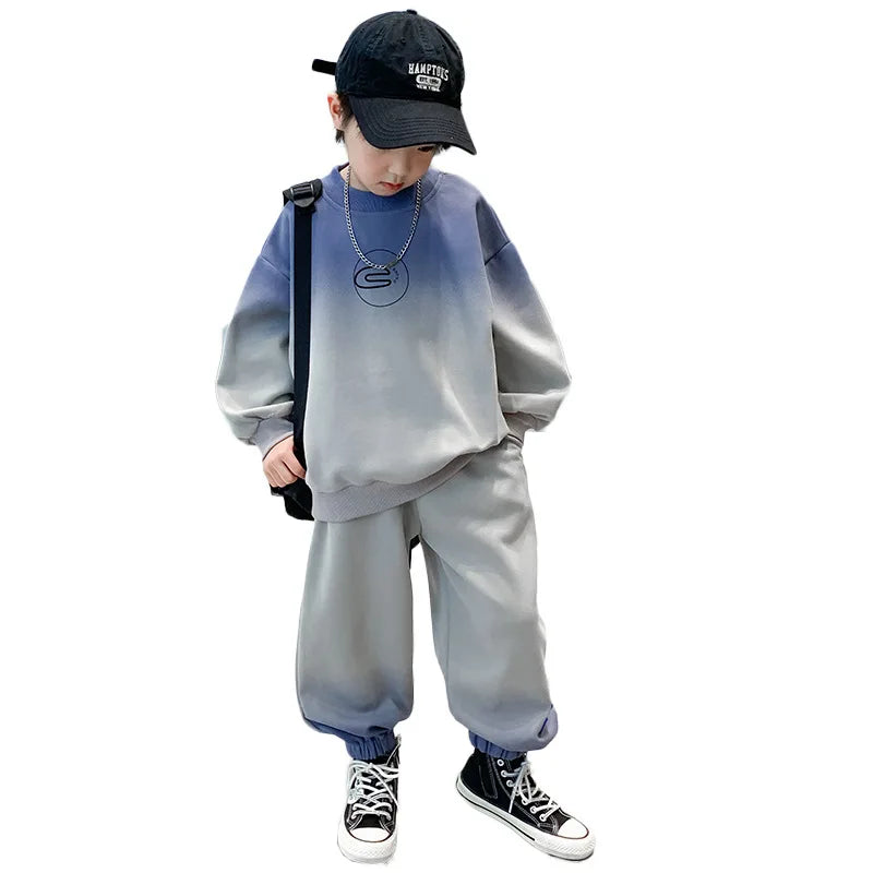 Spring Teen Boys 2-Piece Tracksuit – Gray Tie-Dye Hoodie & Jogger Pants, Sporty Cotton Outfit