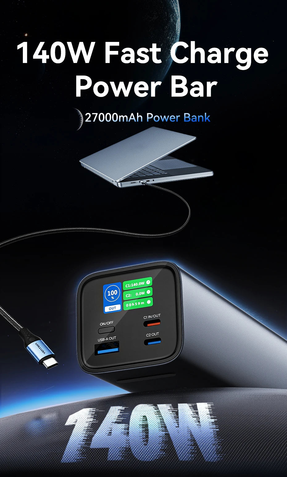 Navarro Vention 140W 27,000mAh Portable Power Bank – PD 100W External Battery for MacBook, iPad, iPhone & Laptops