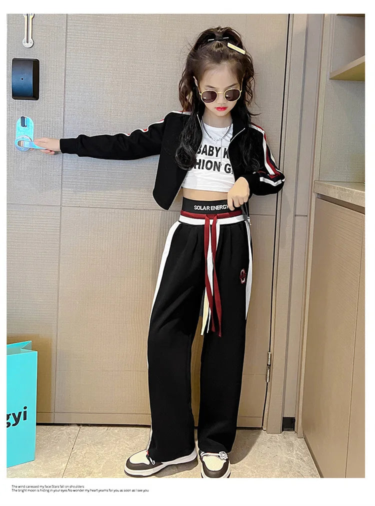 Girls’ Clothing Set – 2-Piece Casual Sportswear, Striped Short Top & Wide-Leg Pants, Elastic Waist, Ages 4–15