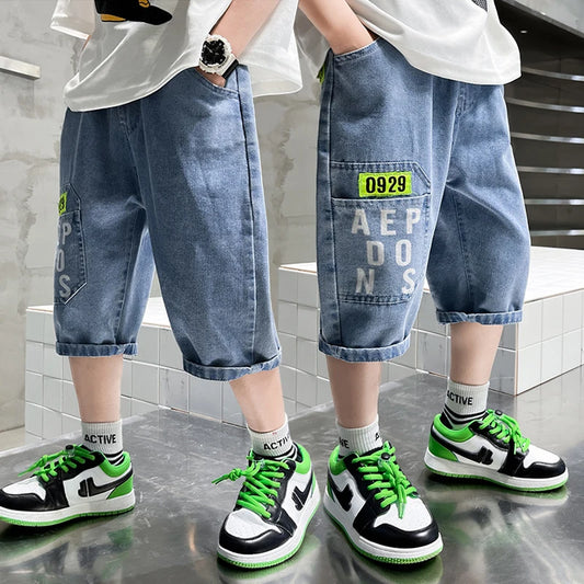 Boys’ Summer Denim Shorts – Lightweight Letter-Printed Casual Pants for Kids, Ages 4-10
