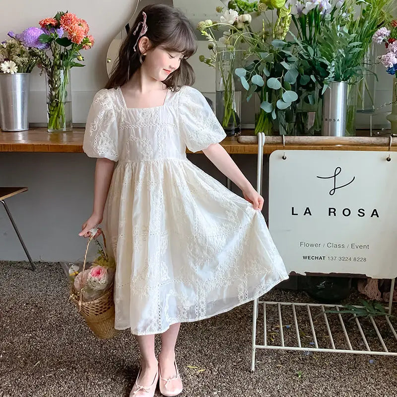 Kids’ White Party Dress – Lace Puff Sleeve Dress for Girls, Wedding & Carnival, Ages 4–10