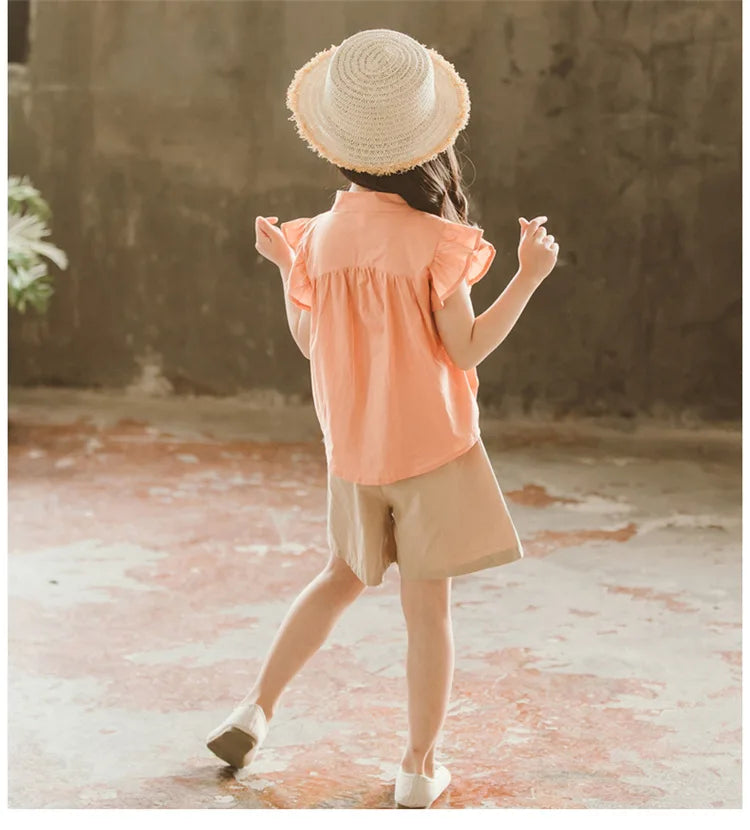 Girls’ Summer Outfit – Flying Sleeve Blouse & Loose Shorts Set, Casual Leisure Wear for Teens Ages 7-14