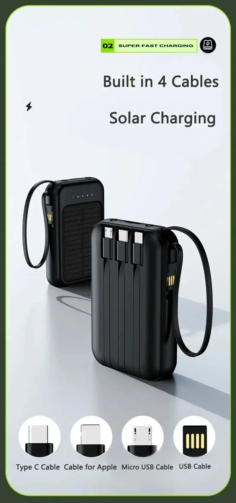 20000mAh Solar Power Bank with Built-In Cable – Dual USB Portable Charger & LED Light