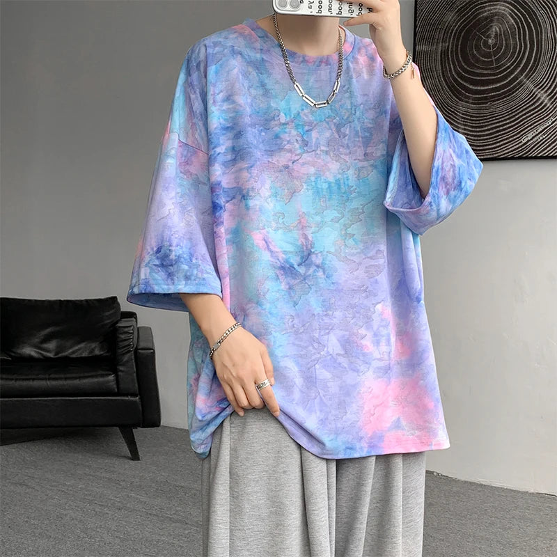 Men Silk Tie-Dyed Short-Sleeved T Shirt