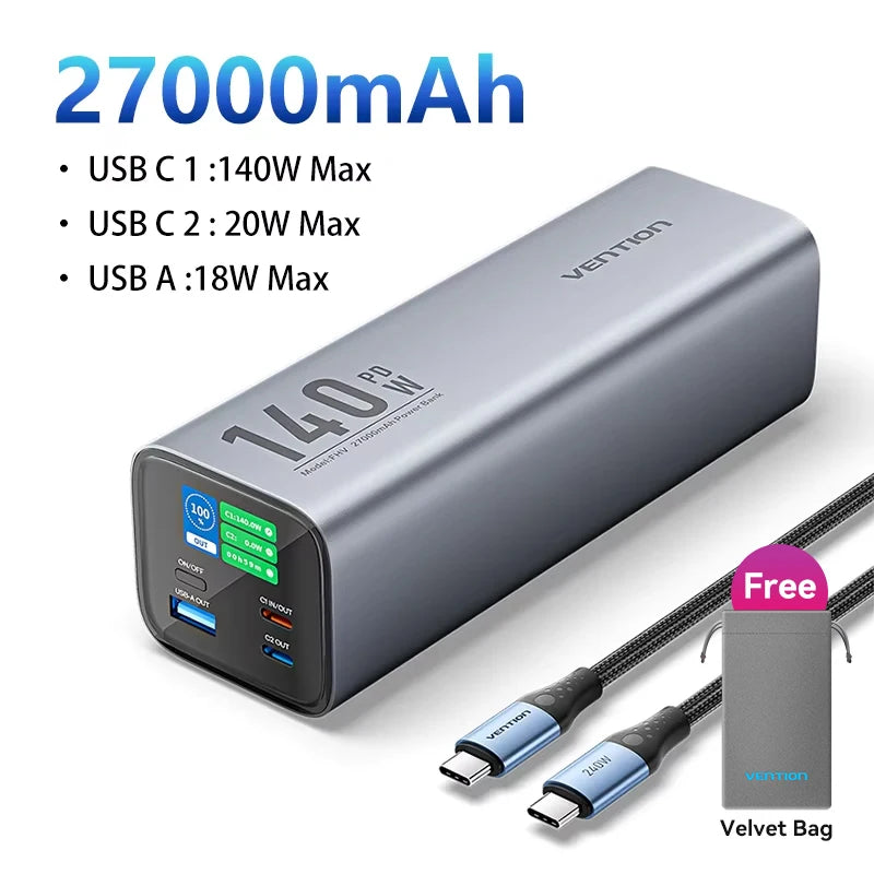 Navarro Vention 140W 27,000mAh Portable Power Bank – PD 100W External Battery for MacBook, iPad, iPhone & Laptops