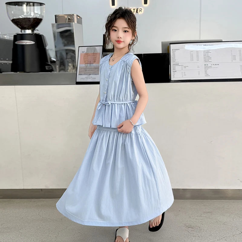 Girls’ Summer Clothing Set – Sleeveless Top & Skirt Suit with Drawstring (Ages 5–14)