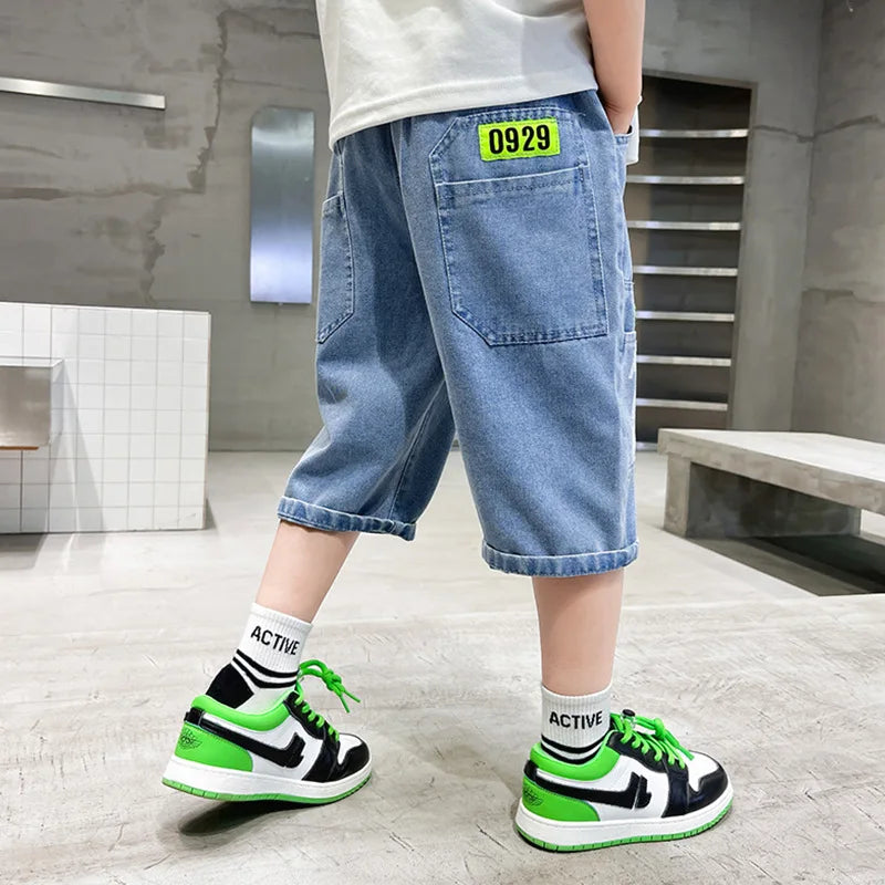 Boys’ Summer Denim Shorts – Lightweight Letter-Printed Casual Pants for Kids, Ages 4-10