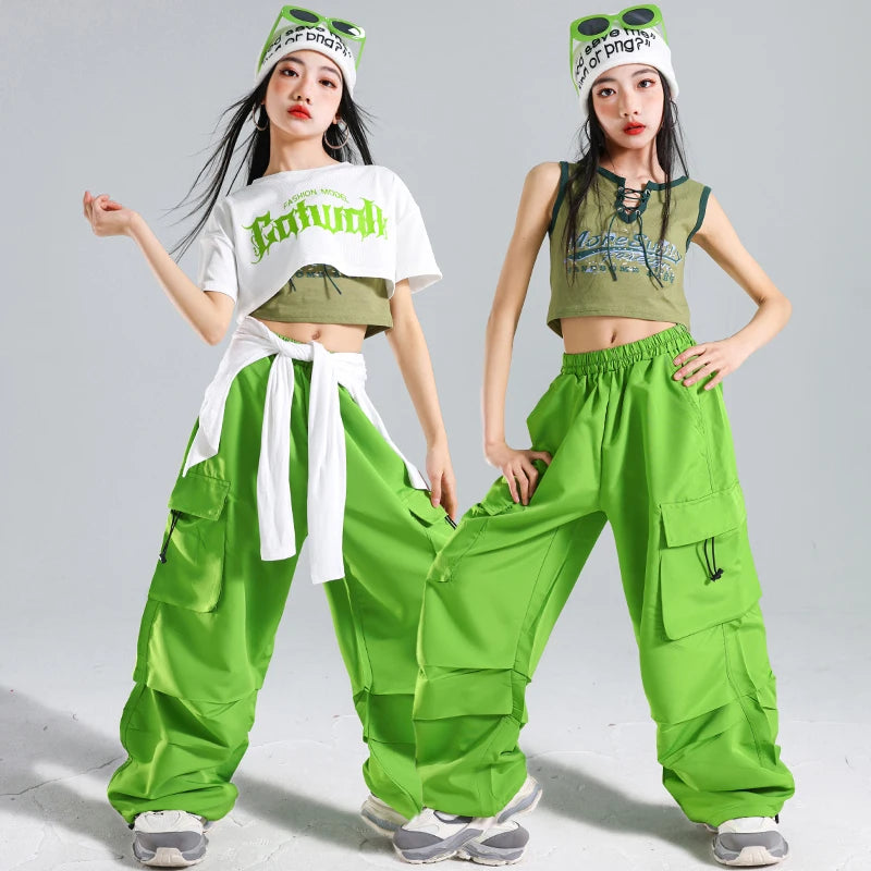 Teen Girls’ Hip-Hop Fashion Set – T-Shirt & Pants Streetwear Outfit, Kids Rapper Stage Dance Costume