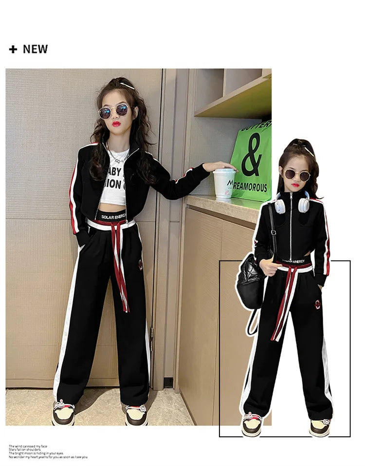 Girls’ Clothing Set – 2-Piece Casual Sportswear, Striped Short Top & Wide-Leg Pants, Elastic Waist, Ages 4–15