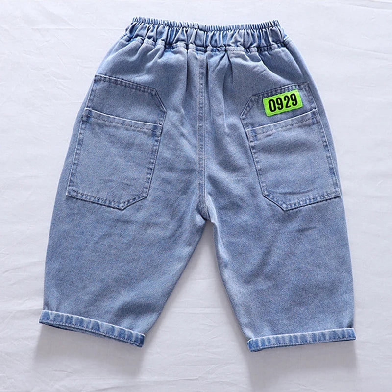 Boys’ Summer Denim Shorts – Lightweight Letter-Printed Casual Pants for Kids, Ages 4-10