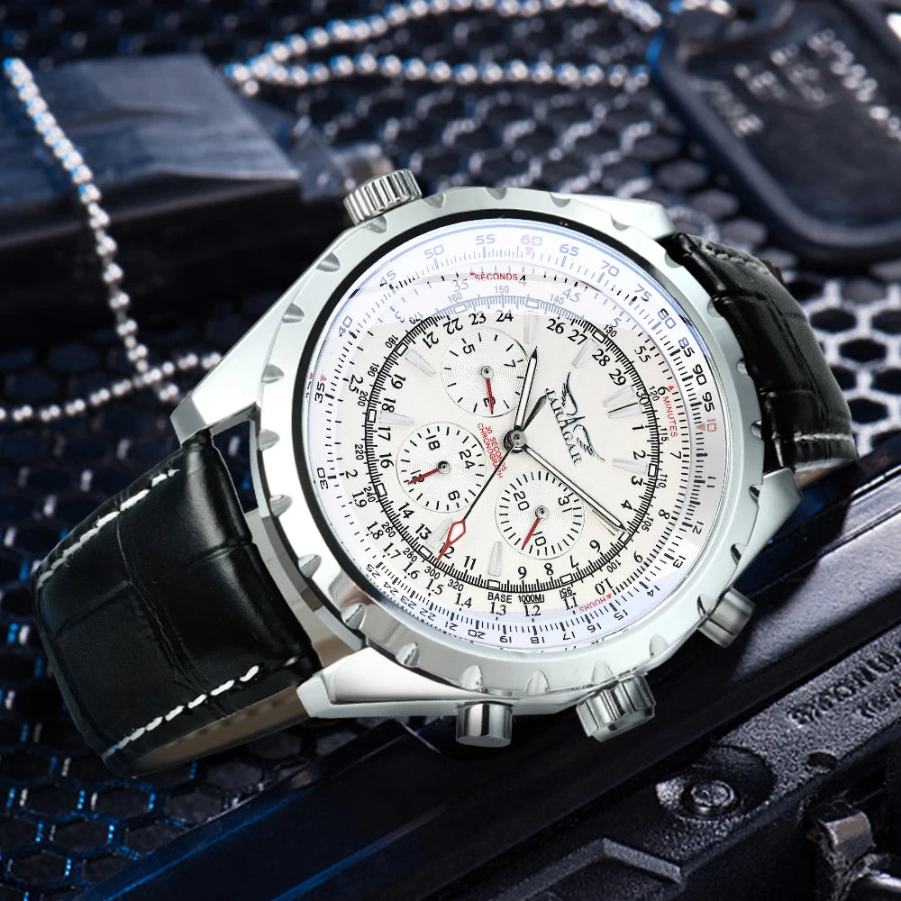 Original JARAGAR Sports Mens Watches Top Brand Luxury Automatic Mechanical Watch for Men Silver Stainless Steel Strap Military Wristwatch