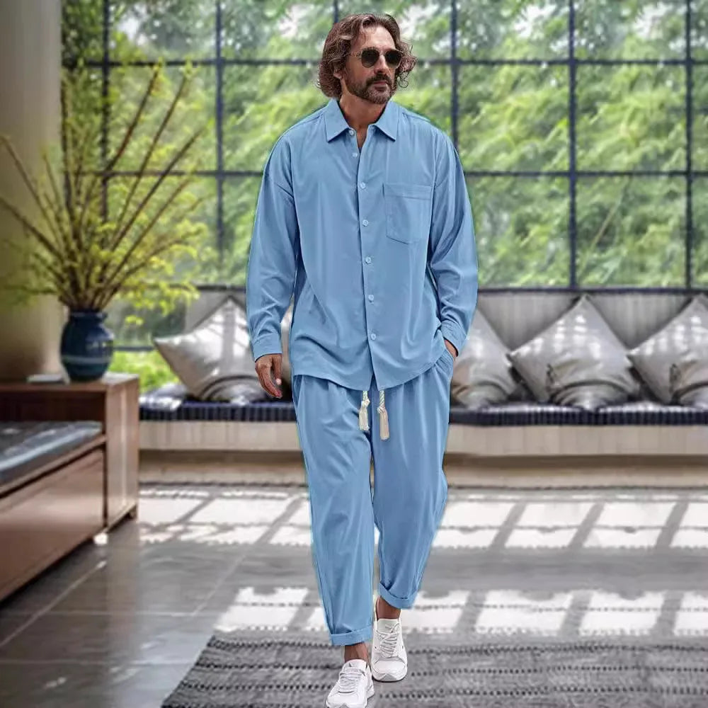 Linen shirt casual loose solid color Shirt and Pants