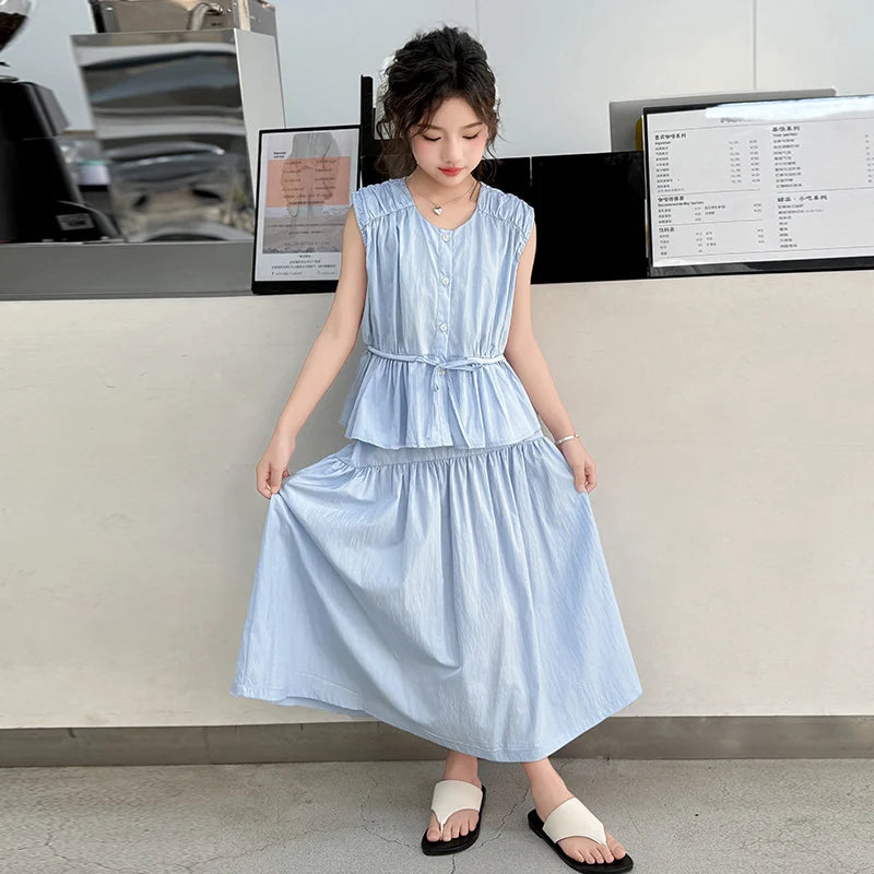 Girls’ Summer Clothing Set – Sleeveless Top & Skirt Suit with Drawstring (Ages 5–14)