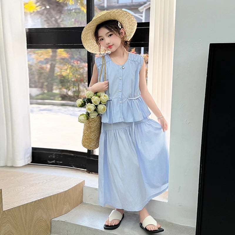 Girls’ Summer Clothing Set – Sleeveless Top & Skirt Suit with Drawstring (Ages 5–14)
