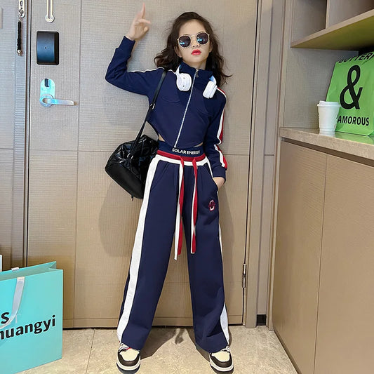 Girls’ Clothing Set – 2-Piece Casual Sportswear, Striped Short Top & Wide-Leg Pants, Elastic Waist, Ages 4–15