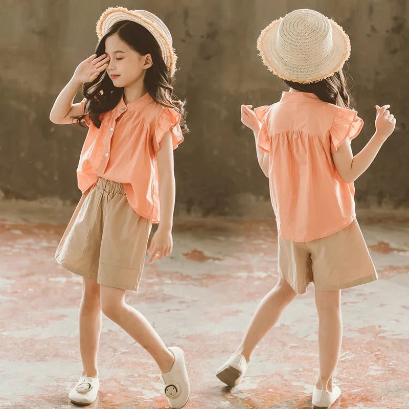 Girls’ Summer Outfit – Flying Sleeve Blouse & Loose Shorts Set, Casual Leisure Wear for Teens Ages 7-14