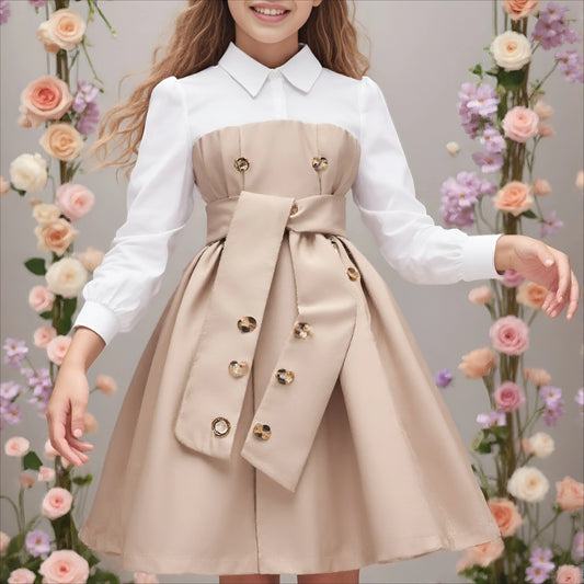 Teen Girls Dress – Long Sleeve Retro Casual Vacation Outfit for Kids (8–12Y)