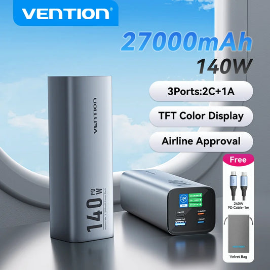 Navarro Vention 140W 27,000mAh Portable Power Bank – PD 100W External Battery for MacBook, iPad, iPhone & Laptops