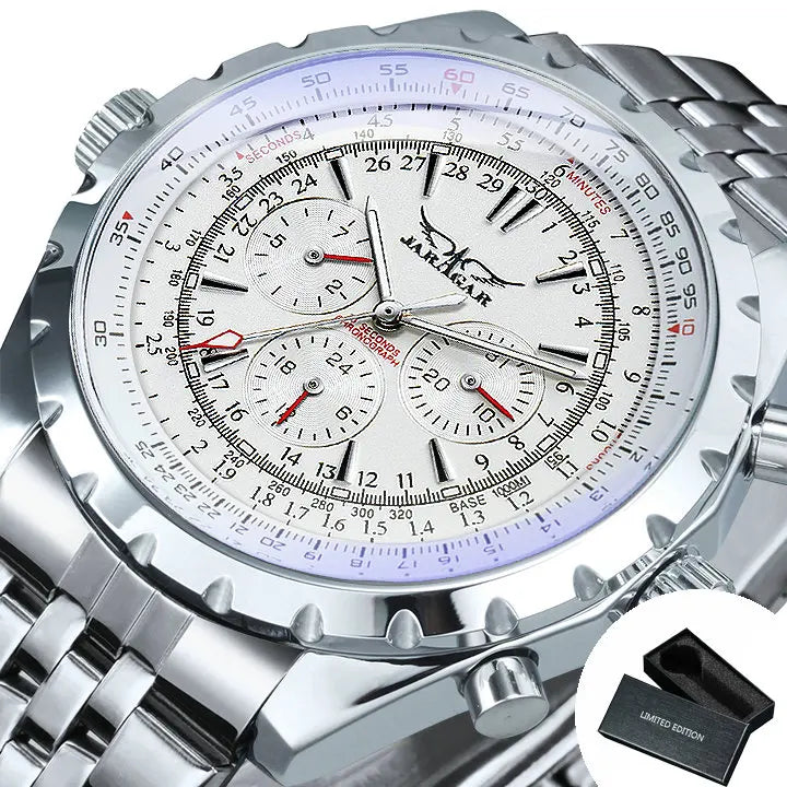 Original JARAGAR Sports Mens Watches Top Brand Luxury Automatic Mechanical Watch for Men Silver Stainless Steel Strap Military Wristwatch