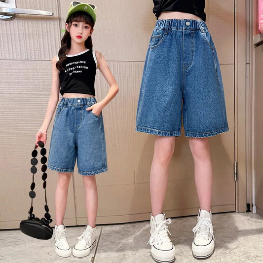 Girls’ Denim Shorts – Summer Casual Solid Jeans Shorts for Kids & Teens