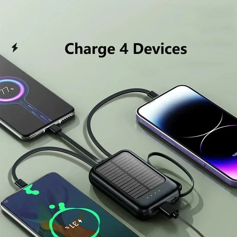 20000mAh Solar Power Bank with Built-In Cable – Dual USB Portable Charger & LED Light