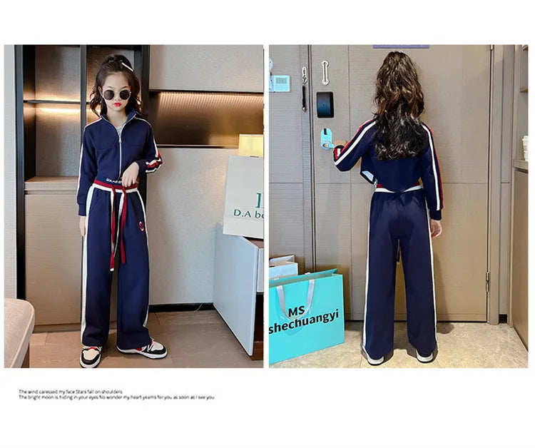 Girls’ Clothing Set – 2-Piece Casual Sportswear, Striped Short Top & Wide-Leg Pants, Elastic Waist, Ages 4–15