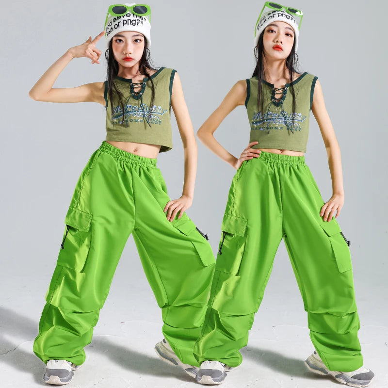 Teen Girls’ Hip-Hop Fashion Set – T-Shirt & Pants Streetwear Outfit, Kids Rapper Stage Dance Costume