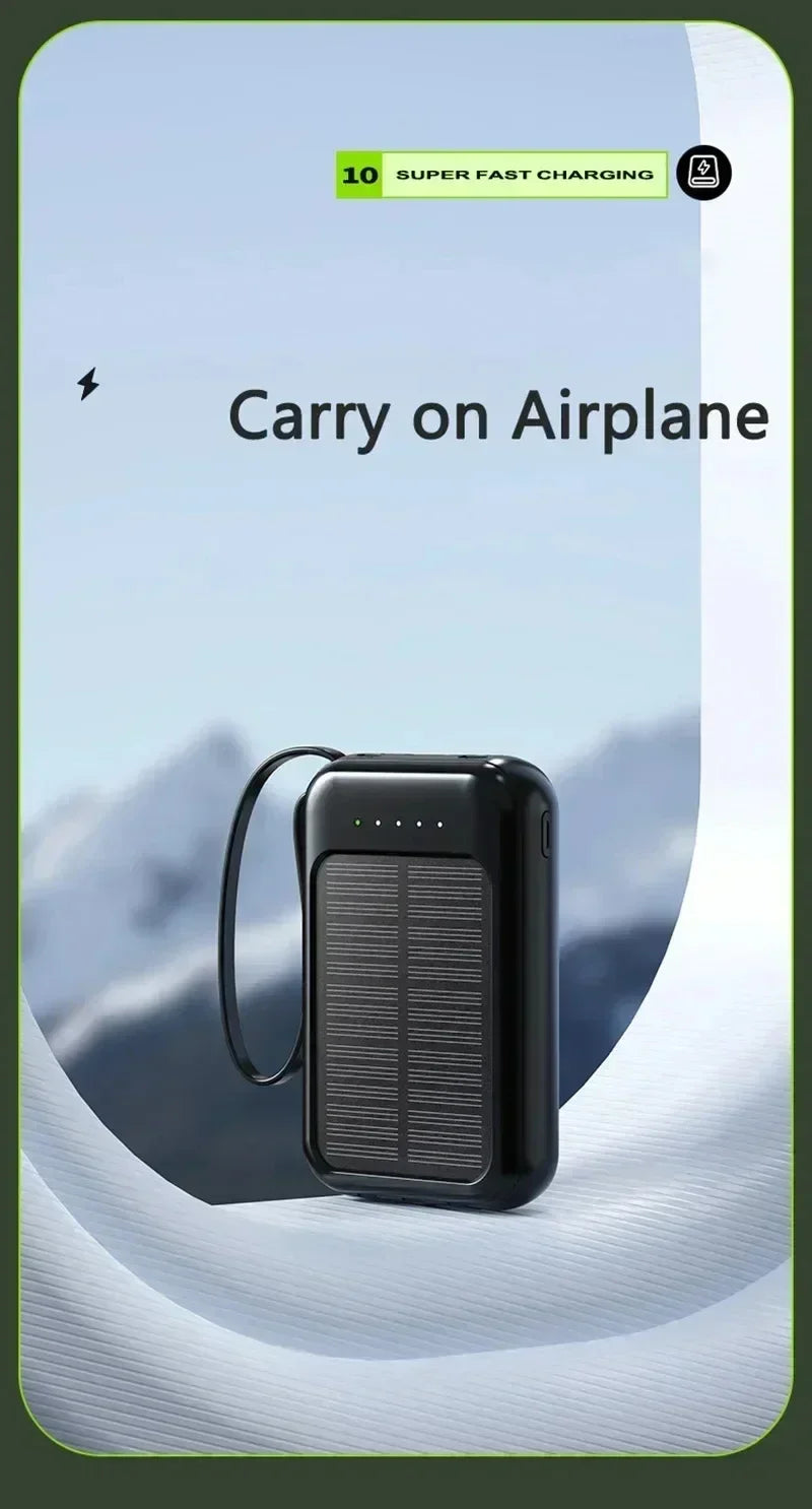 20000mAh Solar Power Bank with Built-In Cable – Dual USB Portable Charger & LED Light