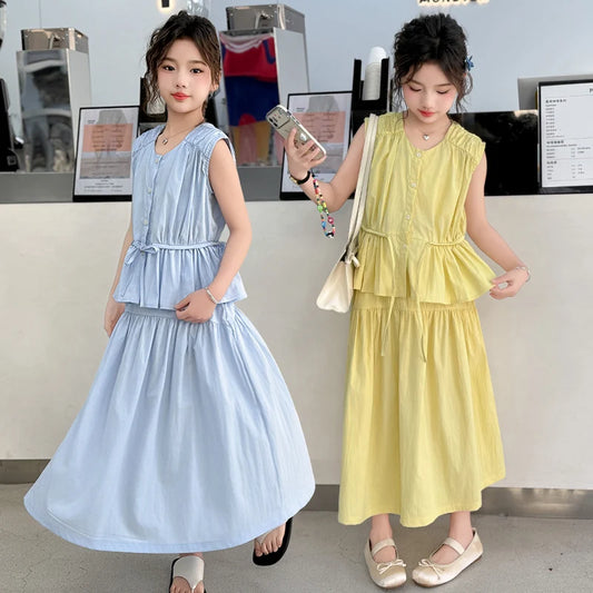 Girls’ Summer Clothing Set – Sleeveless Top & Skirt Suit with Drawstring (Ages 5–14)