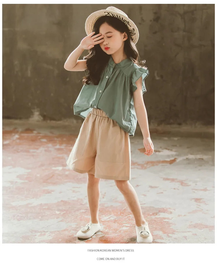 Girls’ Summer Outfit – Flying Sleeve Blouse & Loose Shorts Set, Casual Leisure Wear for Teens Ages 7-14