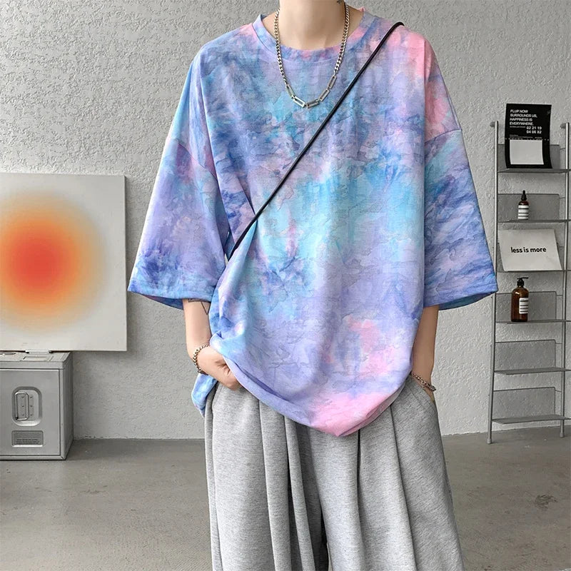 Men Silk Tie-Dyed Short-Sleeved T Shirt