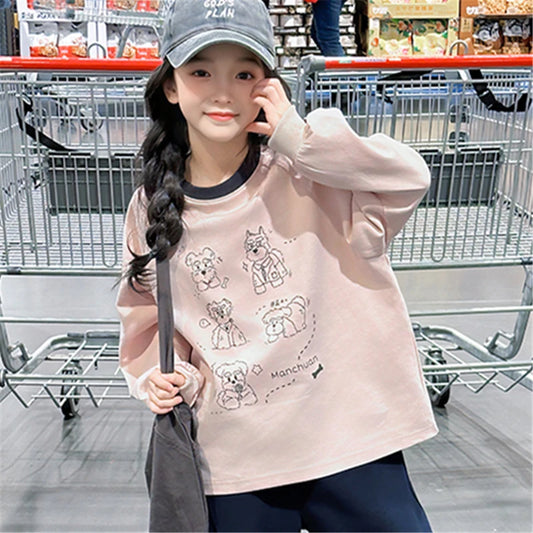 Long-sleeved Loose  Cartoon Print Tops  Age 5-14T