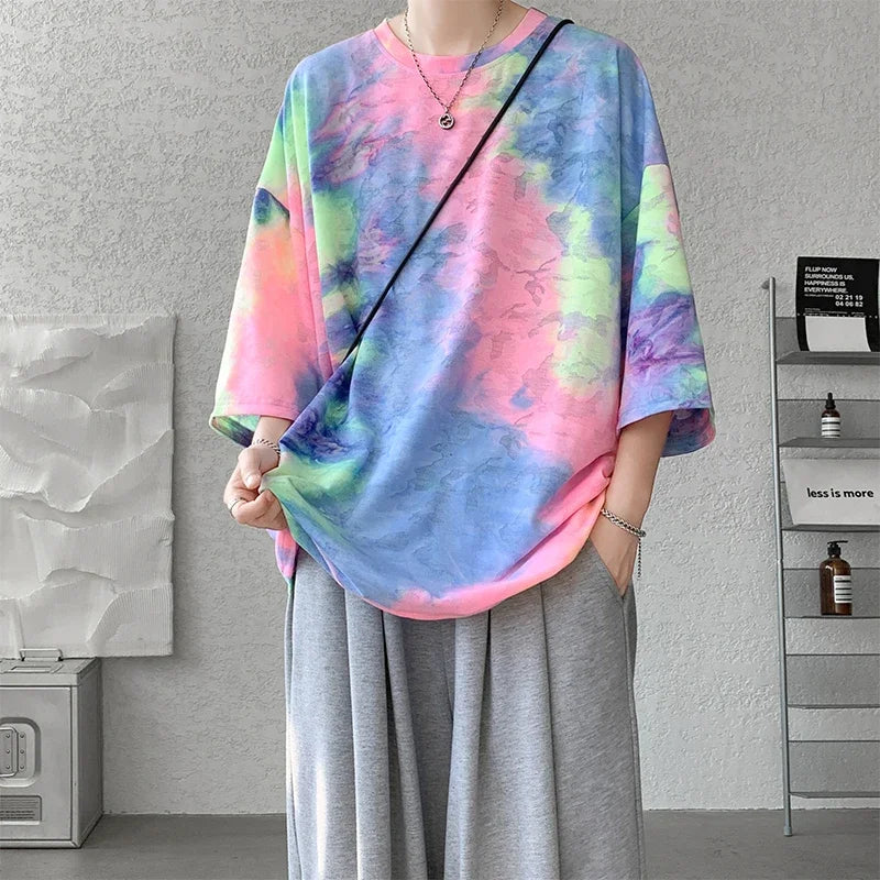 Men Silk Tie-Dyed Short-Sleeved T Shirt