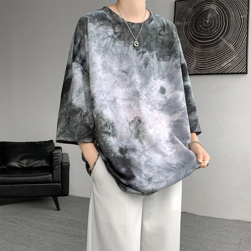 Men Silk Tie-Dyed Short-Sleeved T Shirt